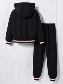 Sparklyn 2 件套青少年女孩黑色拉链字母印花连帽衫 + 同款罗纹袖口运动裤套装，秋冬舒适休闲装 - 黑色 - 查看 2