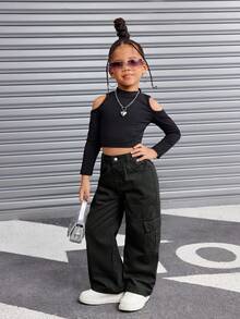 SHEIN Young Girl Y2K Cargo Pocket Loose Fit Casual Khaki Jeans, Girl Fall And Winter Street Cool Style Pant, Y2k Outfits For Girls, Black Cargo Pants For Girls, Kids Cargo Pants Y2k