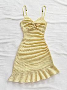 Soleia 女士焦糖色针织纹理不对称扭纹胸围荷叶边下摆紧身迷你连衣裙，适合节日、约会、休闲下午茶、派对、音乐节、海滩度假、游轮 - 芥末黃 - 查看 5