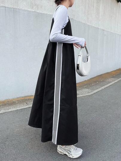 FRIFUL 女士吊带侧缝装饰工装叠层长连衣裙连身裙黑色长款连衣裙极简主义女装长裙两件套背带裙夏季女装