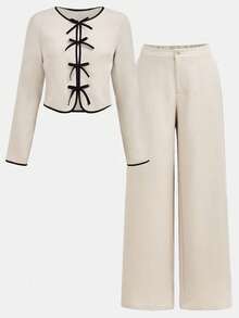 Girlism 少女拼色蝴蝶结长袖夹克和宽松裤子套装情人节清纯女孩可爱装 - 卡其色 - 查看 3