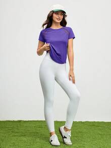 SHEIN Sports Women's Minimalist Mesh Patchwork Short Sleeve Sports T-Shirt, Purple Workout Top - Violet Purple - View 5