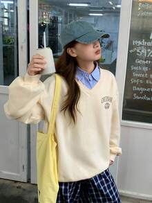 DAZY Teen Girls Letter Print Fleece Sweatshirt, Casual Style For Autumn,Winter - Beige - View 1