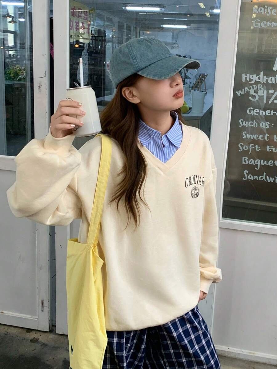 DAZY Teen Girls Letter Print Fleece Sweatshirt, Casual Style For Autumn,Winter - Beige - View 1