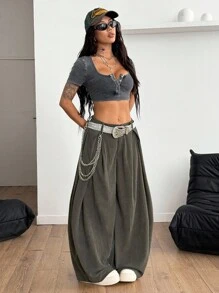 Coolane Women's Fall/Winter  All-Season Back To School Vintage Casual Streetwear Going Out Oversized Green Curved Hem Pants Corduroy Khaki Cargo Pants - Army Green - View 6