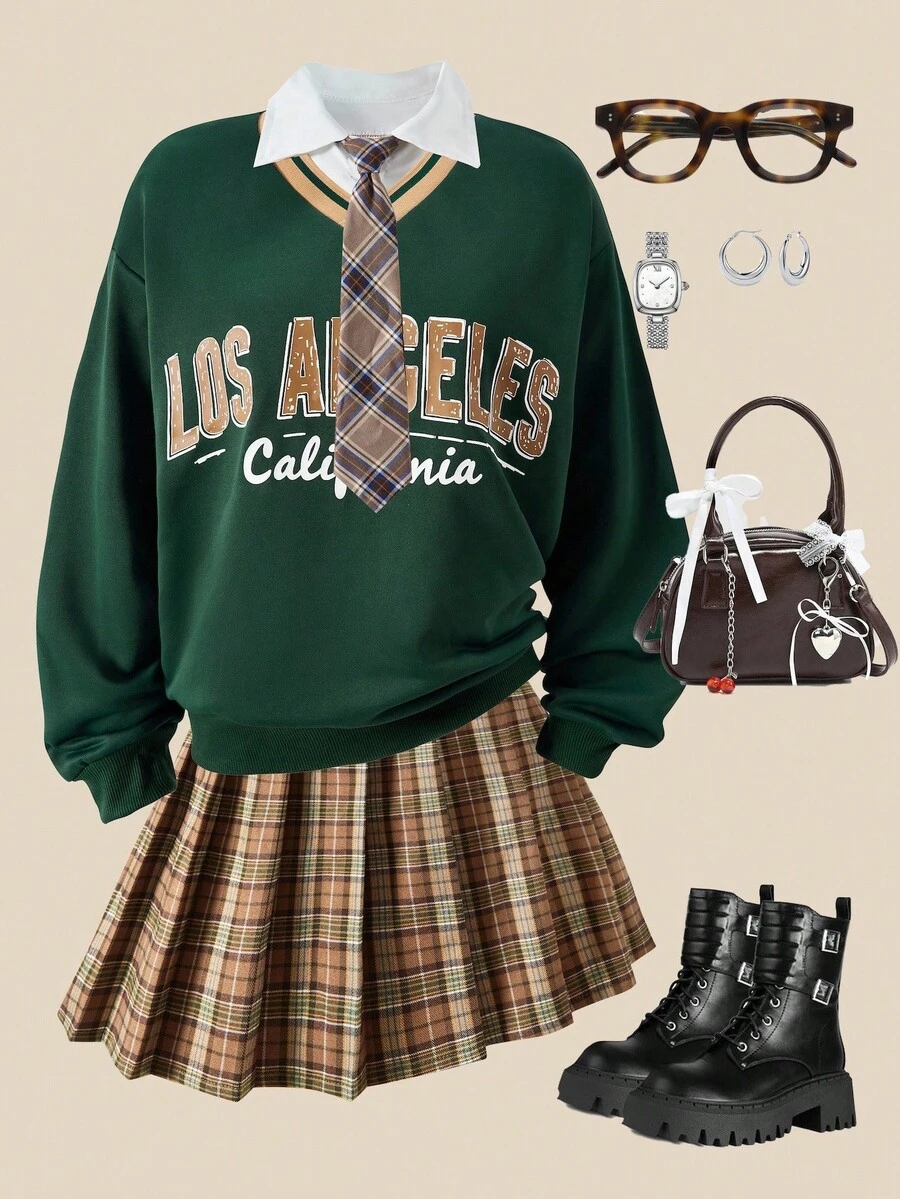 SHEIN Casuvi Kid Teen Girl 2-Piece Set: Vintage School Style Ribbed Crew Neck Sweatshirt With Letter Graphic, Woven Plaid Pleated Skirt, Suitable For School, Casual Wear In Spring And Autumn, Fall Clothes Outfit Winter