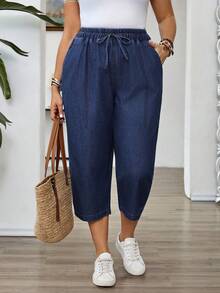 EMERY ROSE Plus Size Women Waist Tie Pocket Casual Tapered Denim Capri Pants