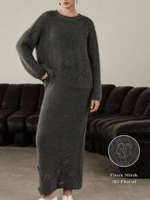 Uhlyne - Damen Frühling, Herbst, Winter Minimalistischer Vintage High-End Eleganter Pendler Lässig Old Money Stil Täglicher Feiertag Flauschiger Fake-Nerz 3D Blume Neutrale Farbe Rundhals Pullover kombiniert mit geradem Midi-Rock, Damen 2 Stücke Pullover Set, Grau