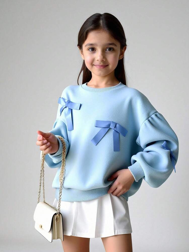 Tween Girl Round Neck Bow Decor Sweatshirt, Summer, Easy Comfort, Autumn Layers For Kids, Stylish Kids, Casual Wear, Kids Graphic, Back To School, Fall With 3D Bow Decor And Puff Sleeves Design, Blue Sweatshirt, Fashionable For Outings, Vacation, Versatile