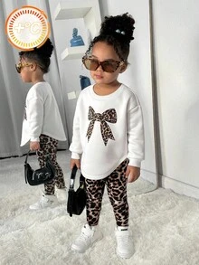 SHEIN 2件套女婴可爱时尚蝴蝶结印花秋冬装 - 白色 - 查看 6