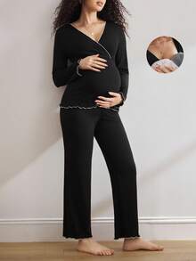 BloomMama Comfortable Wavy Hem Black Elastic Simple Long Sleeve Top & Pants V-Neck Maternity Loungewear Set, Fall & Winter Clothes, Cozy Outfits - Black - View 1