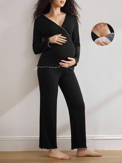 Comfortable Wavy Hem Black Elastic Simple Long Sleeve Top & Pants V-Neck Maternity Loungewear Set, Fall & Winter Clothes, Cozy Outfits