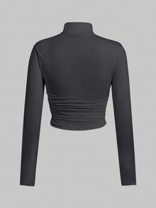 SHEIN EZwear 女式大码高领褶饰长袖修身 T 恤，深灰色 - 深灰色 - 查看 2