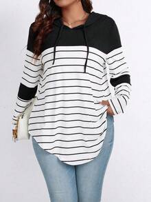 SHEIN LUNE Plus Size Striped Color Block Hooded Long Sleeve T-Shirt With Drawstring Graphic Tees Women Tops For Spring - Black and White - View 3