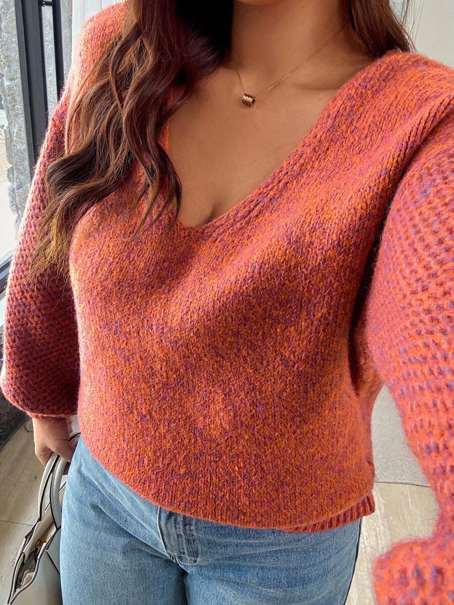 Flirla Loose V-Neck Casual Plus Size Knit Pullover Sweater For Women Fall Winter Cloth For Women Autumn - Orange - View 1