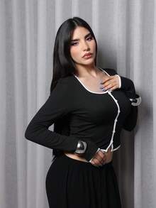 Steff Loaiza Women's Black & White Color Block Decorative Button Fitted T-Shirt, Elegant & Fashionable