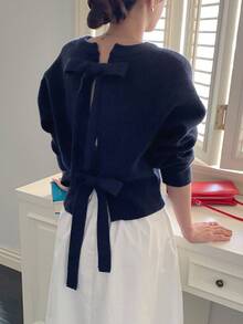 DAZY 纯色修身圆领长袖露背蝴蝶结休闲毛衣，女士秋冬款