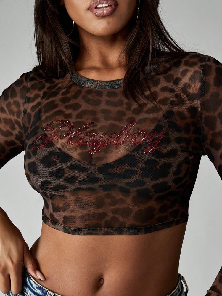 Missguided x Playboy Leopard Print Long Sleeve Crop Top With Rhinestone Lettering Embellishment