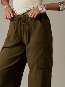 MISSGUIDED Low Rise Wide Leg Cargo Pants Drawstring Waist Military Style Festival Loose Fit Fall Winter Y2K Fashion Flared Pants - Olive Green - View 5