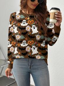 EMERY ROSE Plus Size Halloween Ghost Pumpkin Bat Print Raglan Long Sleeve Sweatshirt Fall Cloth For Women Winter Autumn - Multicolor - View 5