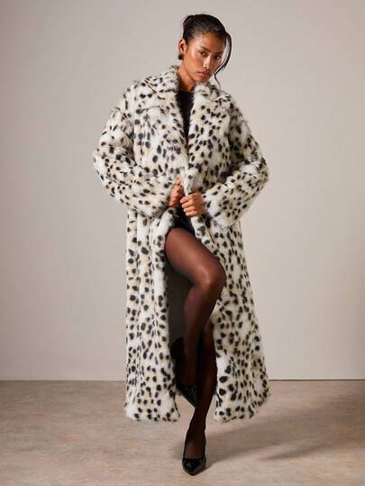 COSMINA 时尚复古豹纹仿皮草长款大衣，秋冬