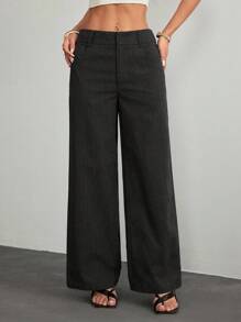 SHEIN PETITE 女士休闲时尚夏季度假条纹印花口袋宽松长裤，适合日常穿着 - 黑色 - 查看 9