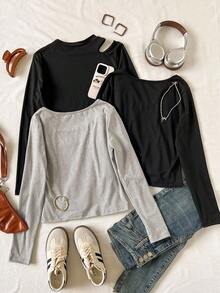 قميص تي شيرت أكمام طويلة لون أحادي بتصميم بسيط للمراهقات، للارتداء اليومي العادي