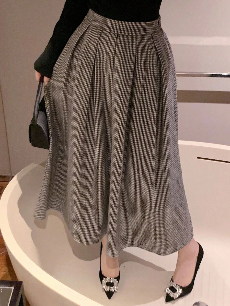 DAZY Falda plisada de línea A de estilo casual con estampado de pata de gallo para mujer, otoño