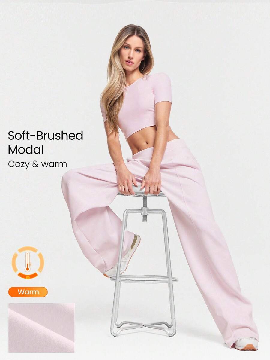 GLOWMODE 30'' Modal Fleece Wide Leg High Waist Adjustable Drawstring Waist Joggers Pants With Side Pockets Daily Casual Fall Winter - Baby Pink - View 1