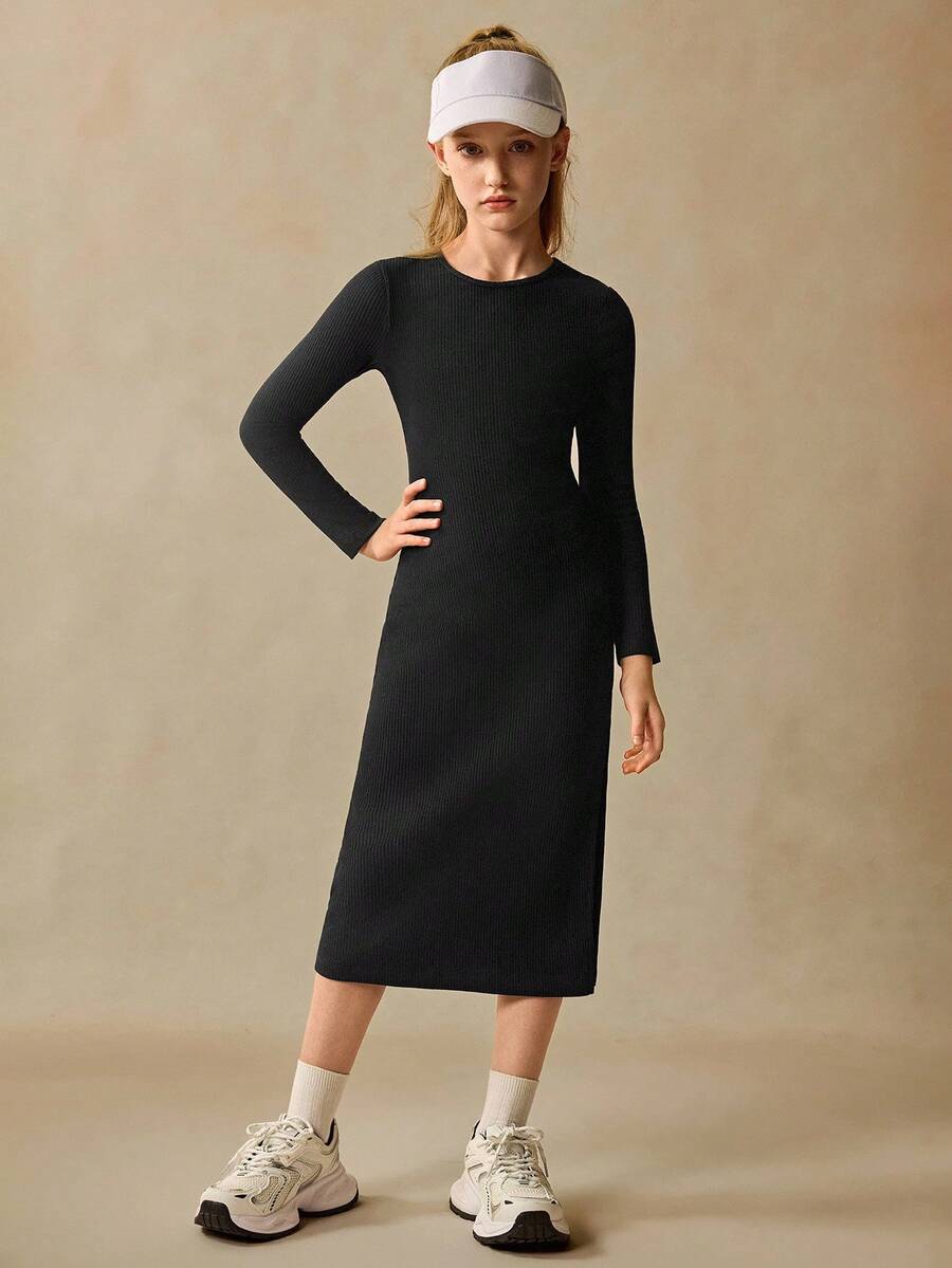 Vestido casual de manga larga negro para niñas preadolescentes, de moda y cómodo, para otoño/invierno - Negro - Ver 1