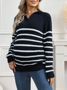 SHEIN Women's Striped Collar Maternity Sweater, Suitable For Commuting - Royal Blue - View 1