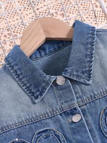 Conjunto Denim de 2 Peças para Meninas Pré-Adolescentes, Estilo Y2K, Design de Bolso em Formato de Coração, Confortável Casual, Moda Streetwear, Jaqueta de Manga Longa em Denim Lavado Suave e Calça Reta, Adequado para Primavera/Outono - Lavagem Média - Visão 6