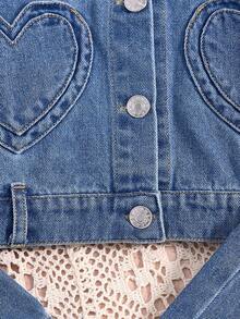 Conjunto Denim de 2 Peças para Meninas Pré-Adolescentes, Estilo Y2K, Design de Bolso em Formato de Coração, Confortável Casual, Moda Streetwear, Jaqueta de Manga Longa em Denim Lavado Suave e Calça Reta, Adequado para Primavera/Outono - Lavagem Média - Visão 7