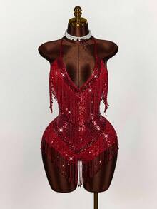 Amplova Halloween COS Sequin Tassel Backless Bandage Jumpsuit,Party Dresses For Women - Red - View 4
