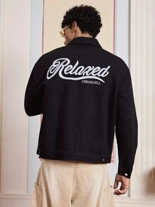 SWAVVY 黑色刺绣字母牛仔长袖外套，秋冬新品 - 黑色 - 查看 1