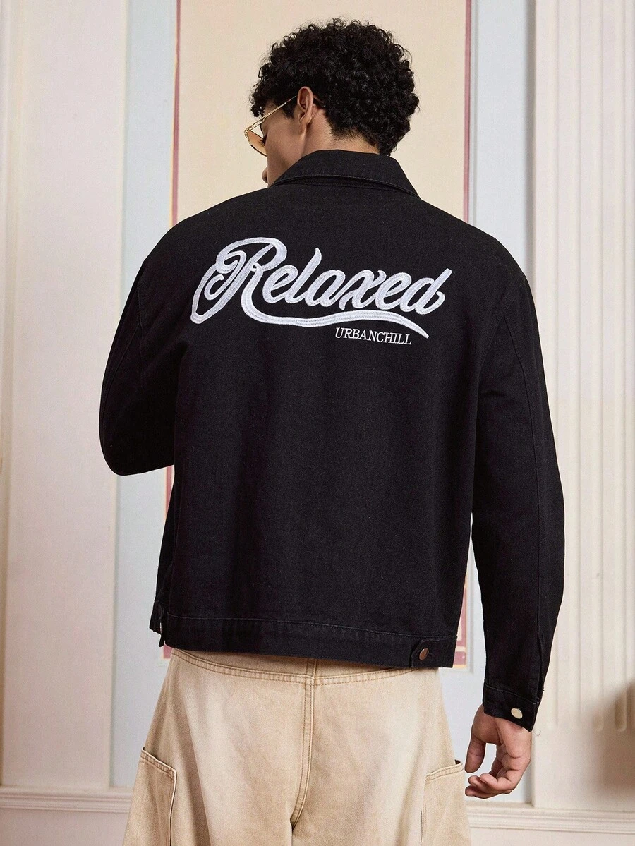 SWAVVY 黑色刺绣字母牛仔长袖外套，秋冬新品 - 黑色 - 查看 1