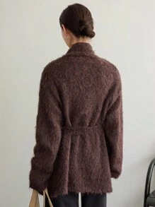 Dazy-Less Women's Thick Fleece Loose Business Casual Tie-Up Cinched Waist Knit Cardigan, Suitable For Office Wear In Autumn & Winter - Brown - View 5