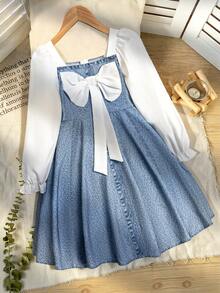 Young Girl Bow Decor Patchwork Denim Effect Long Sleeve Cute Dress - Multicolor - View 1