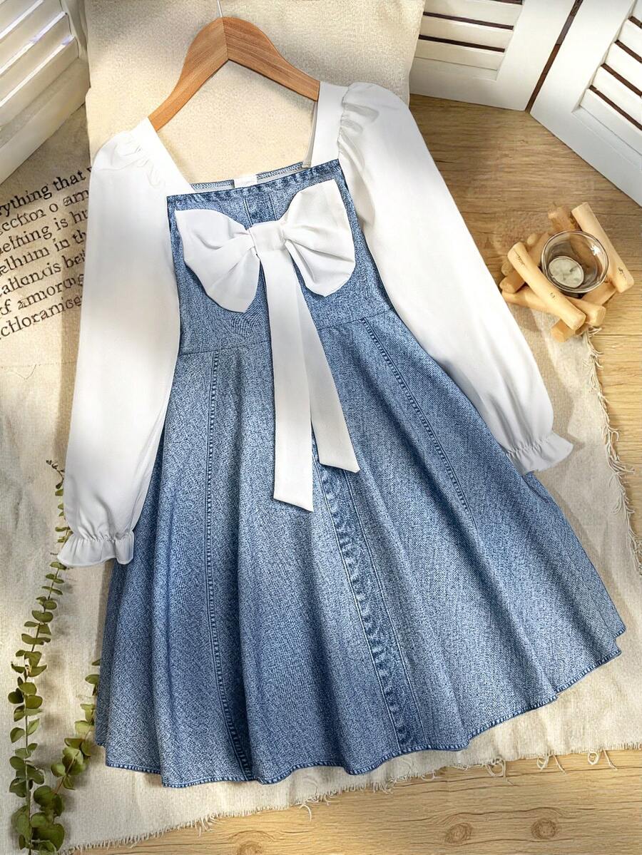 Young Girl Bow Decor Patchwork Denim Effect Long Sleeve Cute Dress - Multicolor - View 1