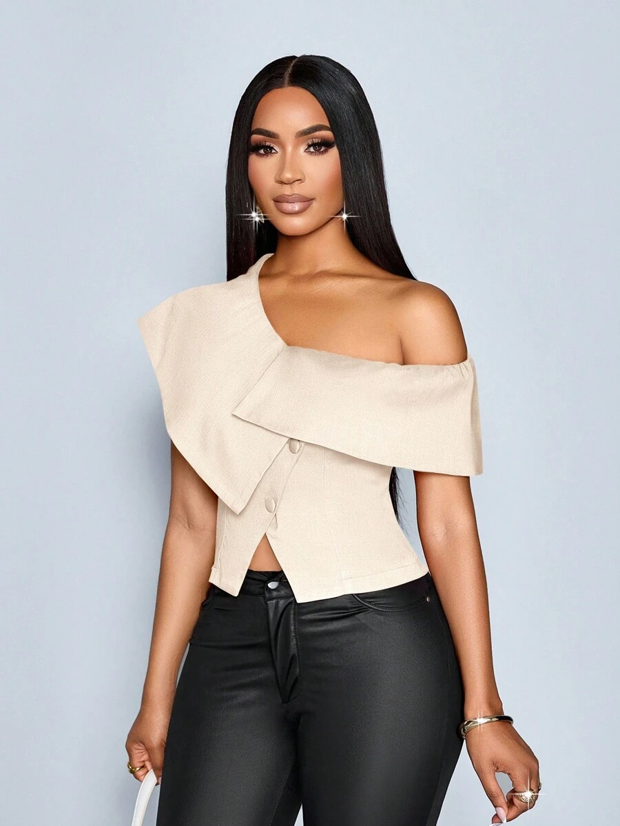 SOLERSUN Women's Spring Summer Elegant Old Money OfficeBusiness Casual Off Shoulder Asymmetrical Single-Breasted Blouse - Apricot - View 1