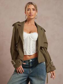 Lumalex Fashionable Casual Short Pleated Women Trench Coat,Fall - Army Green - View 3