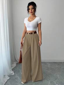 SHEIN PETITE Fashionable Versatile Solid Color Wide Leg Pants Fall Cloth For Women - Khaki - View 3