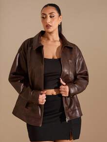 SHEIN BAE 大码女式秋季长袖拉链领PU皮革口袋宽松休闲夹克 - 棕色 - 查看 4