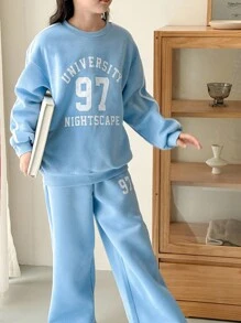 Genkimix Kids 2pcs/Set Girls White Letter Print Crew Neck Blue Knit Sweatshirt And Sweatpants Set, Suitable For Autumn/Winter Outings, School, Daily, Casual Wear Fall
