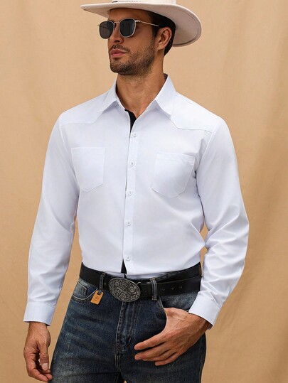 Manfinity Nomadique Herren Lässig Pendler Farbblockdesign Patchwork Langarmhemd