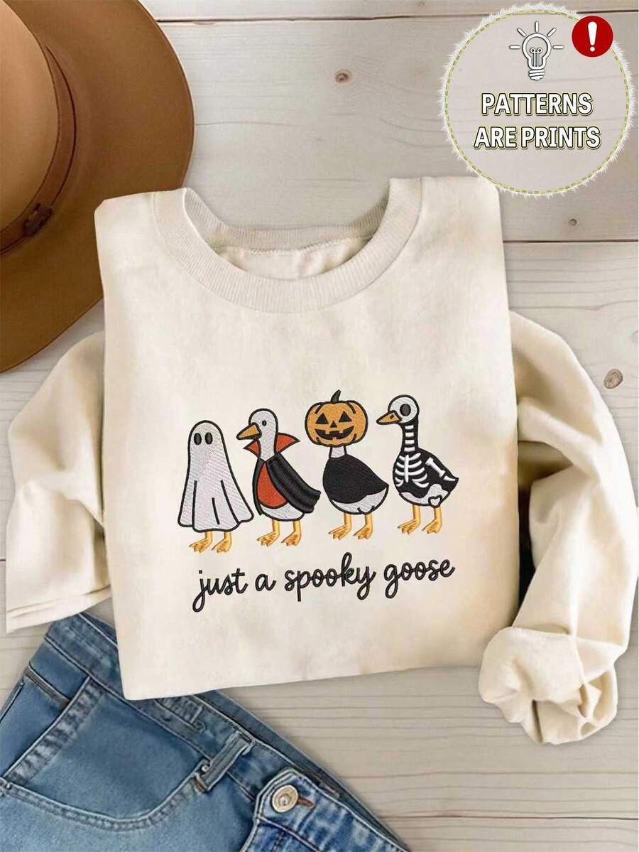 INAWLY Funny Halloween Penguin Print Crew Neck Sweatshirt - Apricot - View 1