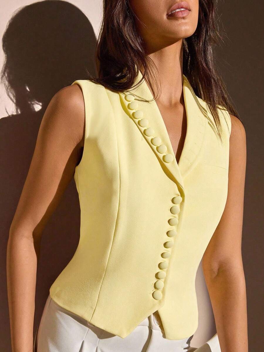 CLARA VERO Asymmetric Button Front Tailored Vest Street Smart Look For Bold Girls Who Love Unique Fashion Statements - Yellow - View 1