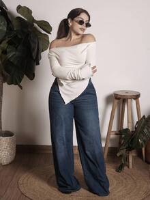 Lupita Cardoza 女牛仔裤休闲高腰阔腿裤蓝色女牛仔裤女夏装松紧腰牛仔裤牛仔裤休闲宽松直筒裤 - 深色水洗藍 - 查看 4