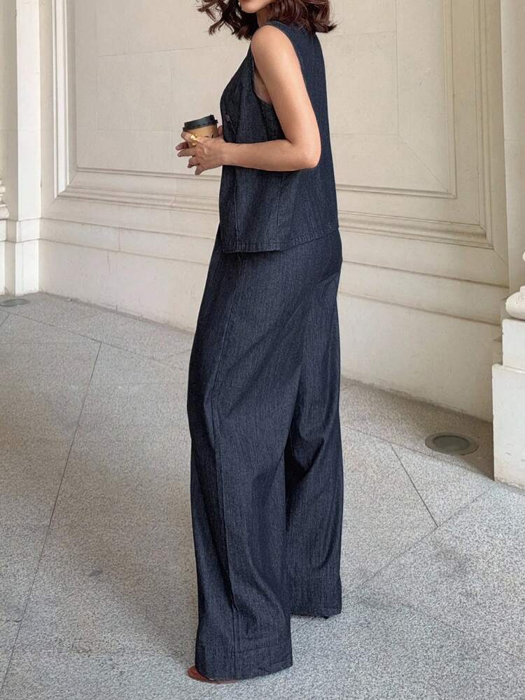 Women's Summer Sleeveless Vest And Loose Pleated Flared Hem Pants Casual 2 Pieces Denim Suit