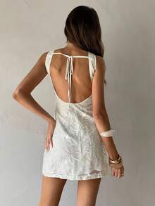 Aloruh Women's Sexy Backless Embroidered Chiffon Mini Dress, Sleeveless A-Line Bodycon Clubwear, Suitable For Spring/Summer Vacation - Beige - View 2